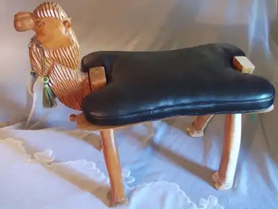 $40. Vintage Arabia Authentic Camel Saddle Stool Hand Carved Camel Head & Feet W/Leather Removable L...