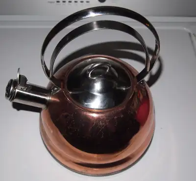 Il Mulino New York City designer modern kitchen kettle teapot. Stainless steel with copper finish. C...