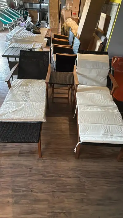 SET OF 2 WOODEN SUNLOUNGER MIXED WICKER AND SIDE TABLE, View more