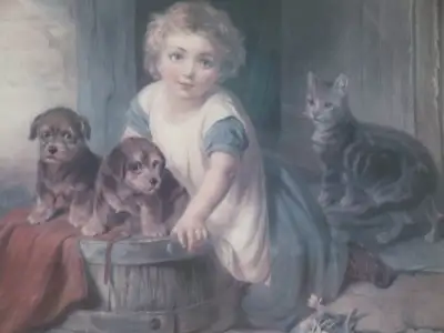 This cute art print depicts a girl with 2 puppies and a kitten. The frame is 24½" x 29½" and the pri...