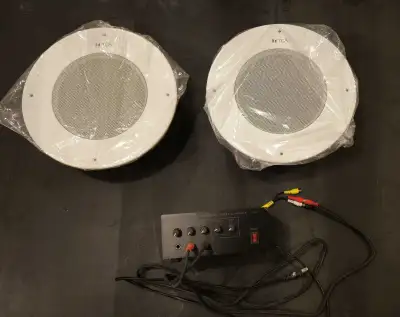 Two Speakers and Amplifier available. Speakers brand new with base.