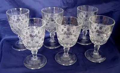 SIX VERRES VERRE PRESSER DAISY BLOCK and BUTTONS PRESS GLASS TUMBLERS c.1900 English spoken, p.m. me...