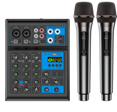 4 Channel Portable Audio Mixer Console with HD Display Screen and RGB Side Light, featuring USB reco...