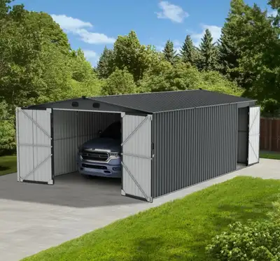 Sunjoy 13’ × 20’ Outdoor Metal Storage Shed / Carport, View more