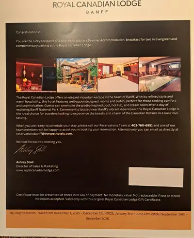 Royal Canadian Lodge 1 night stay, View more