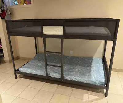 Clean grey twin bed frame with one twin mattress included. ✅ Pet-free home ✅ Smoke-free home ✅ Good...