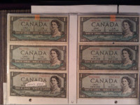 4 left 1954 $1 Canadian dollar bill (bank of Canada) paper money