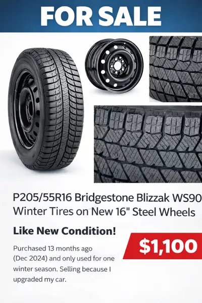 4 Like NEW P205/55R16 Bridgestone Blizzak WS90 Winter Tires - all tires are on 16” Macpek X7 Steel W...