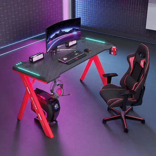 Gaming Desk, Cool RGB LED,K Shaped Table, Workstation, Cup Holde in Desks in Kitchener / Waterloo - Image 3