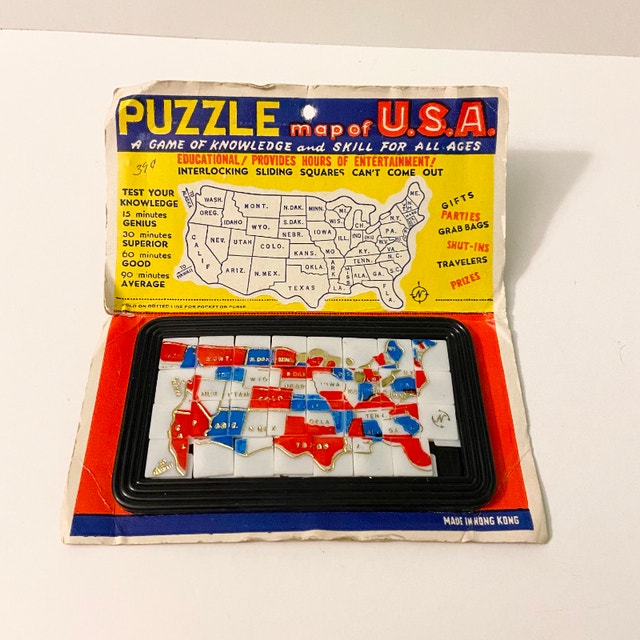 Vintage Puzzle Map of US Sliding Interlocking Squares Map of USA Arts