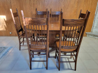Oak oval pedestal table and six Chairs