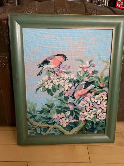 Lovely vintage needlepoint of a couple of Bull finches, View more