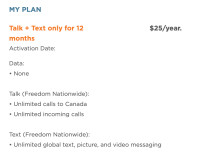 FREEDOM $25/YEAR cell phone plan unlimited talk text Canada wide
