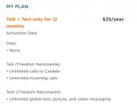 FREEDOM $25/YEAR cell phone plan unlimited talk text Canada wide