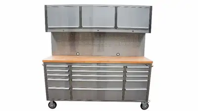 72inch 15 Drawers Tool Chest With Up Cabinet & Pegboard MUDDYRIVERWHOLESALE.COM 271 INSHES AVE. CHAT...