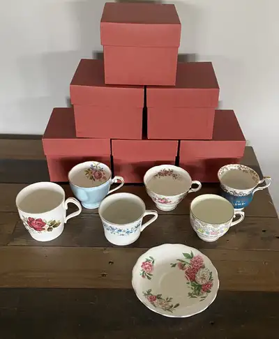 Vintage Queens China Tea Cup, white, forest green and gold teacup. This set has an intricate floral...