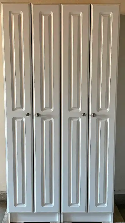 18"W x 72"H Laundry Pantry Cabinet with Two Doors, White with 2 fixed and 3 adjustable shelves. Sati...