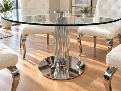 Round Glass Dining Table with Chrome Pedestal Base , View more