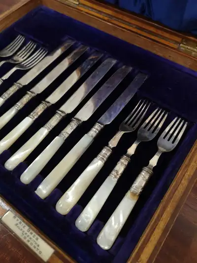 MOTHER-OF-PEARL and SILVER DESSERT SET   - cutlery forks and kni, View more