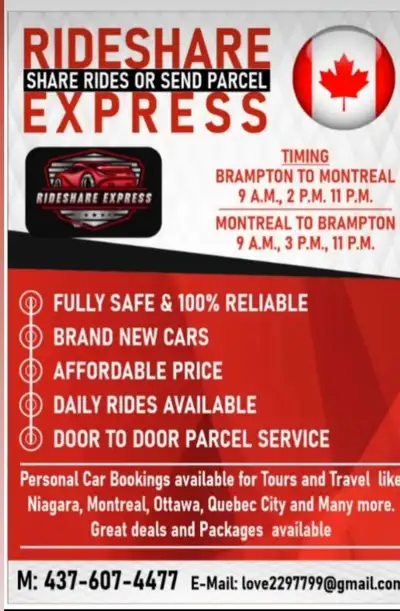 Looking for an affordable and reliable ride between Montreal and Brampton? I offer daily rides with...
