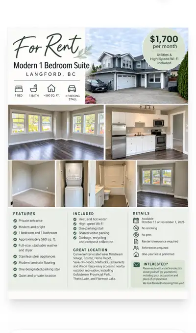 Bright & Modern 1-Bedroom Private Suite in Langford Available October 15 or November 1, 2026 $1,700/...