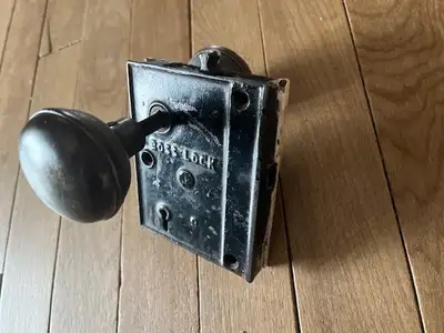 For Sale: 1 Antique Door Box Lock Stamp "Boss Lock" #2 Comes with old knobs and knob plate