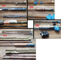 Multiples cannes à pêche en bois, métal et bambou