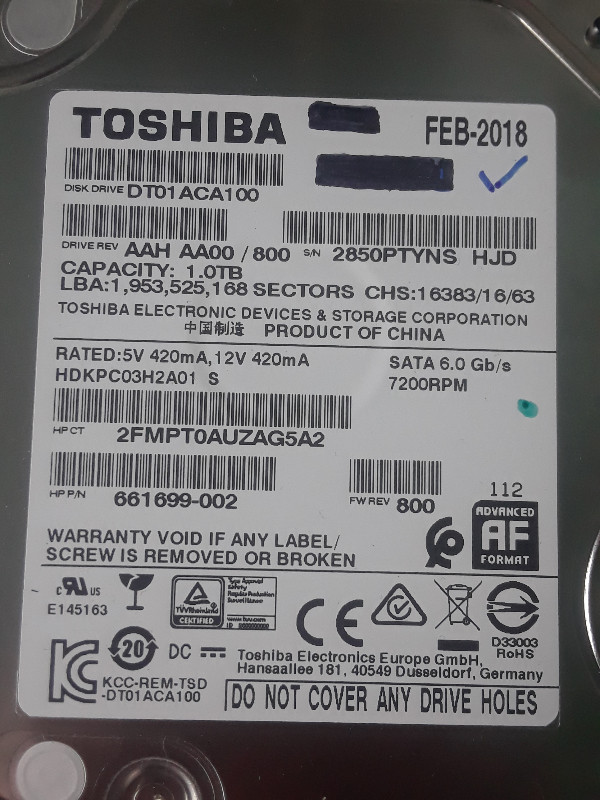 Toshiba 1TB 3.5-inch Desktop SATA Hard Drive in System Components in Bridgewater - Image 3