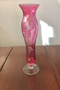 Etched Cranberry Glass Footed Vase Ruby Red Flower Floral Decor