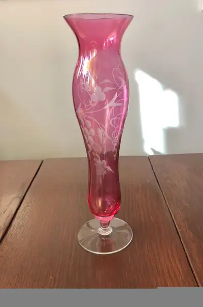 Etched Cranberry Glass Footed Vase Ruby Red Flower Floral Decor, View more