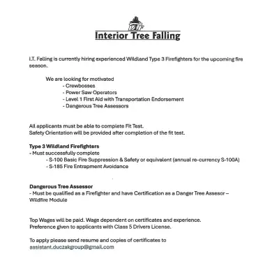 I.T. Falling is currently building their roster for the upcoming fires season. Please send resume an...