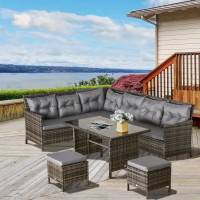 6pcs Outdoor Rattan Sofa Set Garden Wicker Sectional Couch Furni