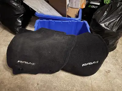 Selling a set of used black floor mats designed specifically for a Toyota RAV4. These mats are durab...