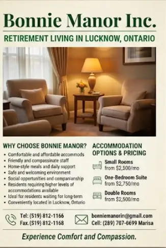 Welcome to Bonnie Manor Inc., a warm and caring retirement home in the heart of Lucknow, Ontario. De...