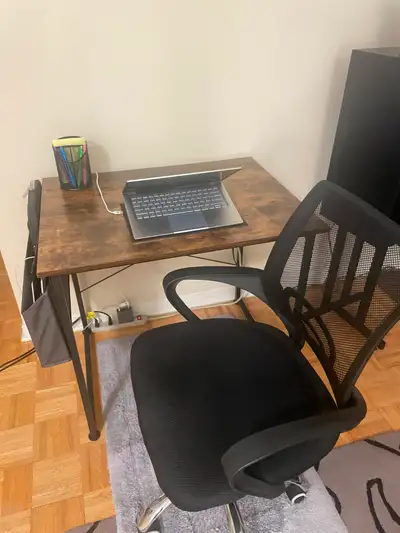 Small computer desk & black mesh swivel chair, View more