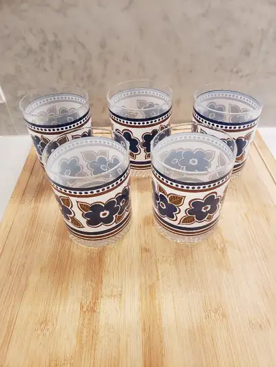 5 Vintage MCM - Rocks Glasses with Navy Flower and Brown Leaves, View more