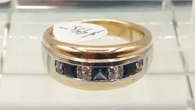 Men's Sapphire and Round Diamond Two Tone Gold Band, View more