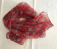 37" x 29" Silk Scarf Wrap Rectangle Red Floral Dongfeng Yarn