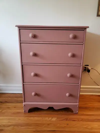Beautiful solid wood vintage tallboy has 4 large, smooth sliding, dovetailed drawers with gorgeous u...