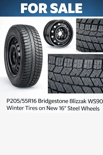 4 Like NEW P205/55R16 Bridgestone Blizzak WS90 Winter Tires - all tires are on 16” Macpek X7 Steel W...