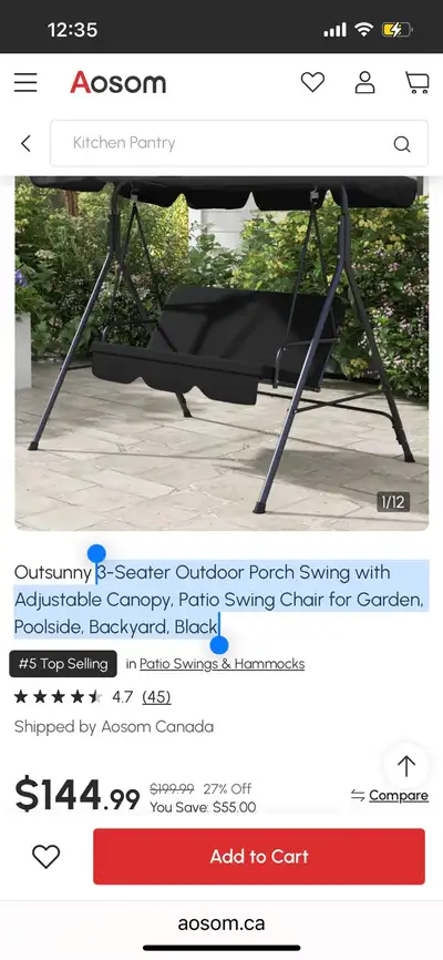 3-Seater patio swing Outdoor Porch Swing with Adjustable Canopy, View more