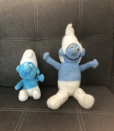 Plush stuffed animals. Well loved but still in good condition. 1980 Peyo Papa Smurf - $30 Crochet Sm...