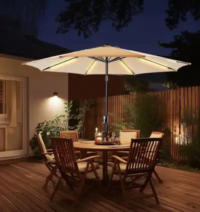 ☀️ 9FT Solar LED Patio Umbrella – Beige, New (Open Box), View more