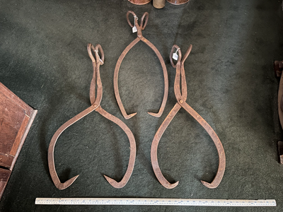 Antique blacksmith forged ice tongs & Disston ice harvesting saw, View more