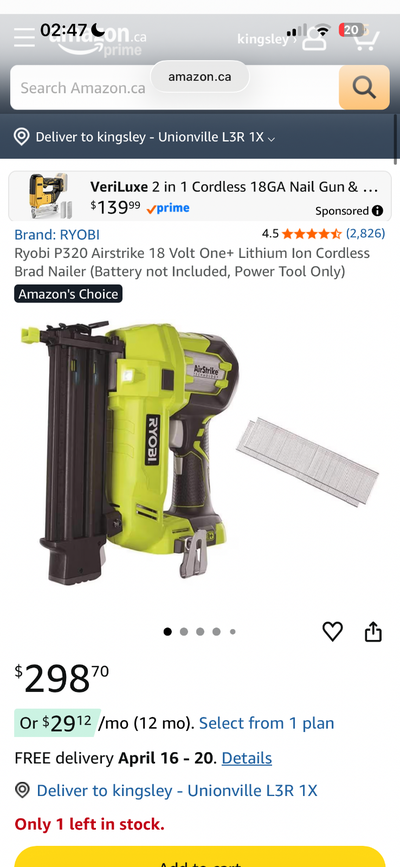 Ryobi P320 Airstrike 18 Volt One+ Lithium Ion Cordless nailer, View more