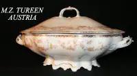 Vintage Porcelain Tureen Bowl, MZ, Austria, pink roses-gold trim