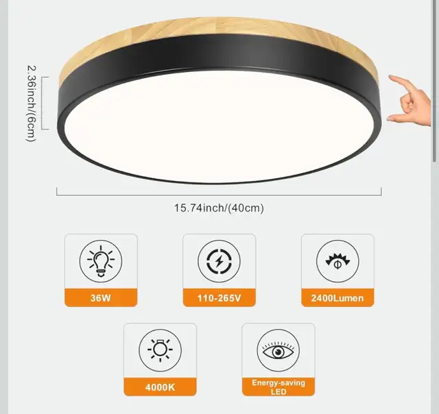 Goomavi Modern LED Ceiling Light, 15.74in Minimalist Wood Flush in Indoor Lighting & Fans in Kitchener / Waterloo - Image 7