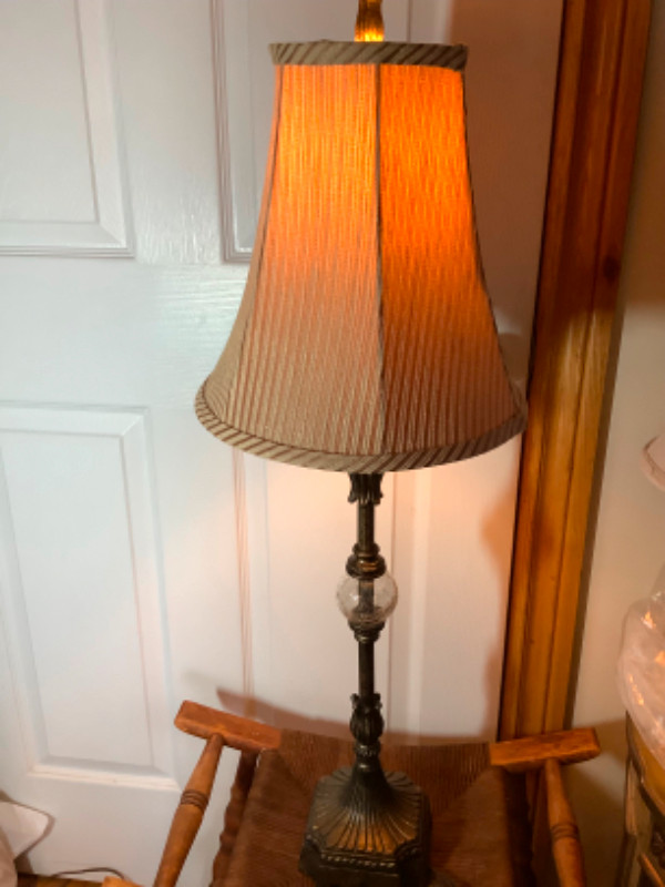 Lg Vtg Ornate Lamp w a Glass Sphere Bronzed Wd Base Satin Shade in Indoor Lighting & Fans in Belleville