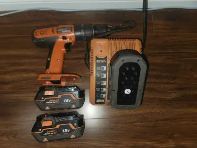 Rigid drill, charger and 3 batteries, View more