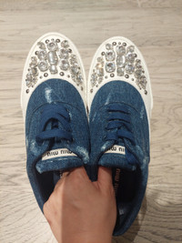 MIU MIU by Prada Crystal Cap Sneakers Runners Denim